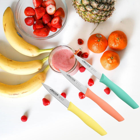 Arcos Paring Knife Set, 3 Pieces, 4 Inch Stainless Steel, Colorful Kitchen Knives, Orange, Yellow, Blue