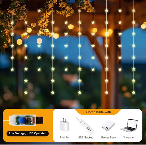 Patioman 70 Star Curtain Lights, Warm White Window Lights Stars Hanging Light with Remote Fairy Led Twinkle String