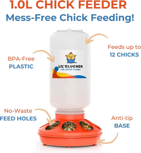 1L 1.5L Set, Lil'Clucker Chick Feeder, Chicken Waterer - No Leakage Chick Feeder and Waterer Kit, Hanging Baby Chick