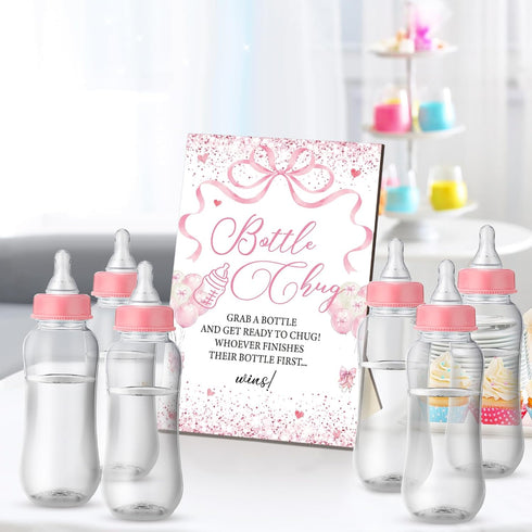 TrelaCo 12 Cool Baby Shower Games Bottle Chug Sign and Pcs Baby Bottle Shower Favor Baby Bottles for Baby Shower Games