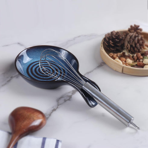 Blue Ceramic Spoon Rest for Kitchen, Heat Resistant Utensil Holder for Countertop, Dishwasher Safe, Cooking Spoon Holder