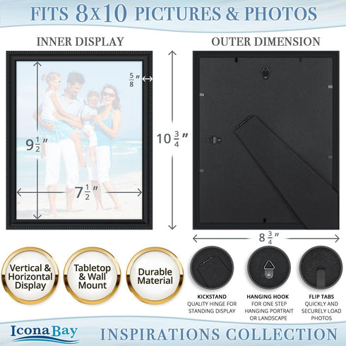 Icona Bay 8x10 Black Picture Frame, Beautifully Detailed Molding, Contemporary Set for Wall Mount or Table Top
