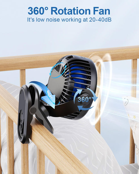 SWEETFULL Portable Clip on Fan, Battery Operated Stroller Fan, 4000mAh Rechargeable Mini Cooling Desk Fan (Black)
