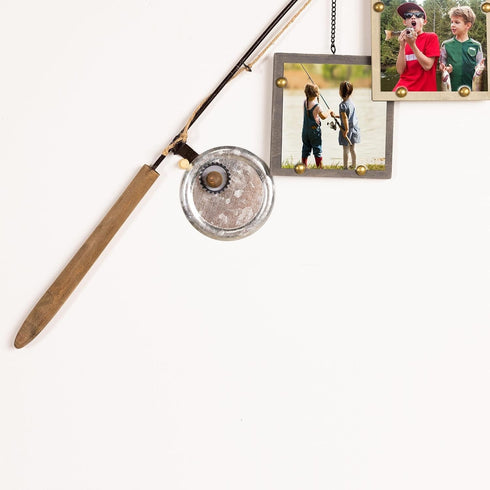 4x4 Young's Inc Wood Fishing Pole Triple Photo Frame Rustic Lake House Wall Fish Decor with Hanging Frames, Lodge