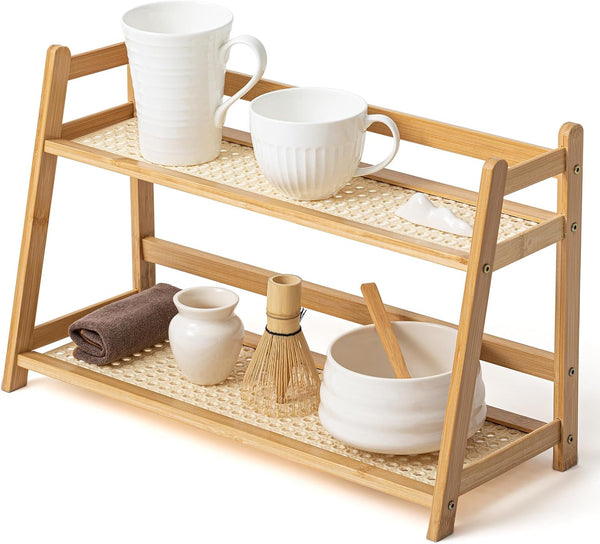 Yalikop 1 Pcs 2 Tier Matcha Station Shelf Bamboo Coffee Mug Stand