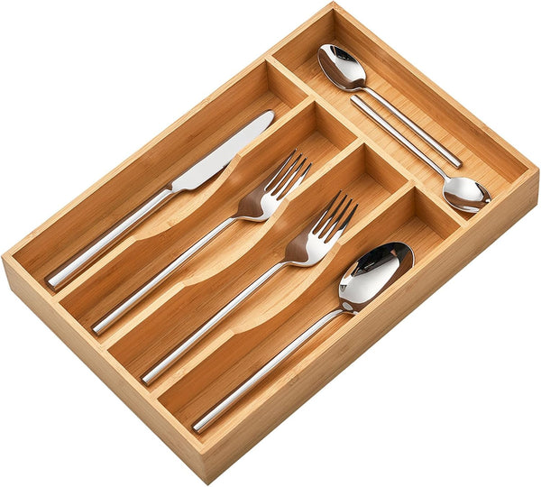 Umilife Bamboo Kitchen Drawer Organizer, 8.25 Inch Tray Holder for Small Drawer, Wood Caddy for Flatware Cutlery Knives