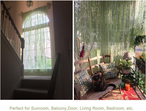 Ufurty 2 Pieces Willow Window Curtain Voile Tulle Panel Drapes, Green Color, Sheer Gauze for Living Room, Bedroom,
