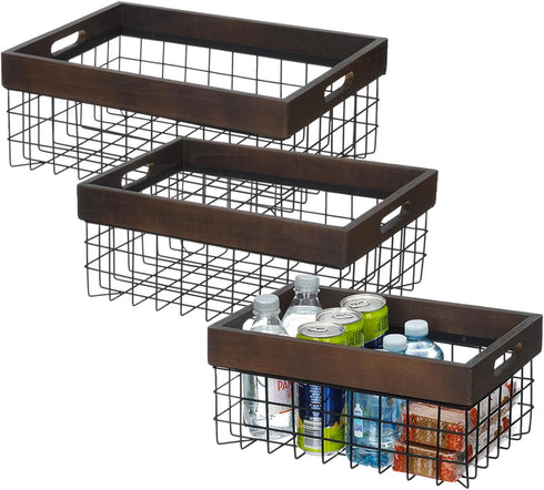 Set of 3 Metal Wire Baskets, Organizing Wood Top with Handles, Storage Organizer for Kitchen Cabinets, Pantry, Laundry