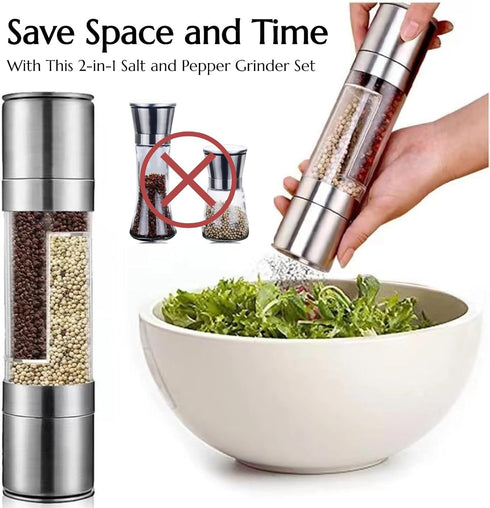 KINTEGOOD 2-in-1 Set, Stainless Steel Salt and Pepper Grinder Double Head Manual Mill, Refillable