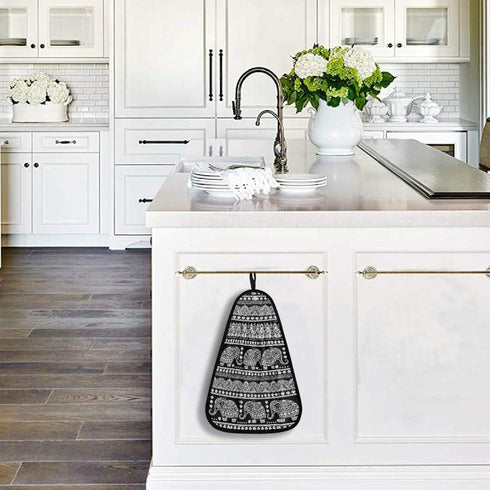 visesunny Bohemian Style Elephant Black Kitchen Dish Towel with Hanging Loop Absorbent Hand Towel for Bathroom Cleaning
