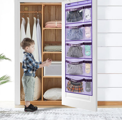 Kids Clothes Organizer for School, Weekly Hanging Storage from Monday to Friday, Day of Week Closet Organizer (PURPLE)