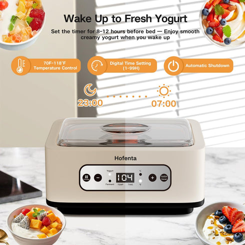 Hofenta 1.7 9 Quart Yogurt Maker with Stainless Steel Bowl, Glass Jars, Digital Timer, Temperature Control, BPA-Free