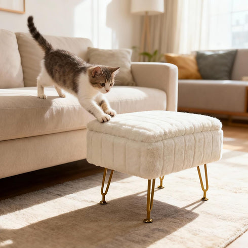 ACEQLYT Small Foot Stool, Small Ottoman with Storage, White Furry Footstool with Soft Padded Seat & Gold Metal Leg