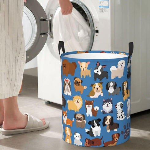 Cute Dogs Blue Round Laundry Hamper, Storage Basket for Toys, Clothes Organizer Bin for Home