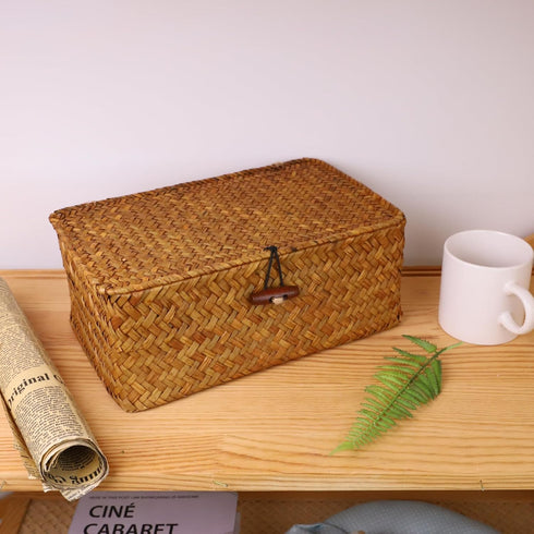 YRHOME Seagrass Rattan Basket with Lid, Hand-woven Rectangular Household Storage Basket for Organizer Boxes