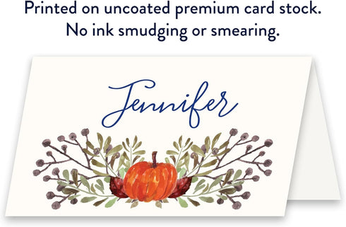Koko Paper Co Thanksgiving Table Place Cards with Pumpkin and Fall Leaves, 50 Tent Style Dinner Setting Name Cards