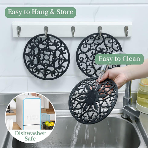 Silicone Trivets for Hot Dishes, Heat Resistant Mat for Kitchen Counter, Round Silicone Mat Set of 6 Gray