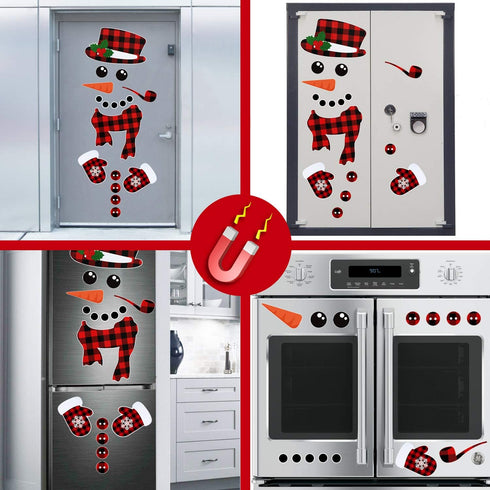 17Pcs Snowman Refrigerator Magnets, Christmas Decorations, Large Red Black Buffalo Plaid Fridge Magnet Stickers for