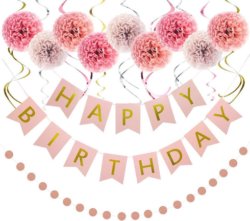 Rose Gold Birthday Decorations Kit, 20-Pc Set with Happy Birthday Banner, Tissue Paper, Garland & Swirls