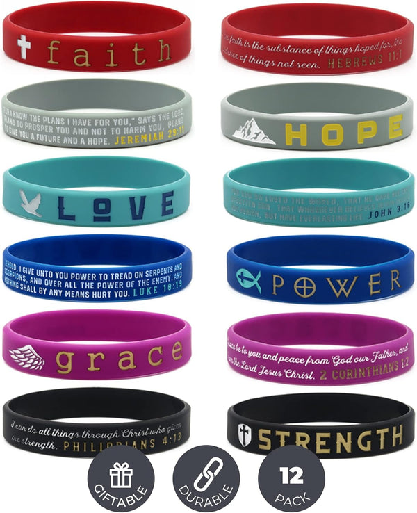 Inkstone Christian Inspirational Bible Silicone Rubber Wristbands, 12 Pack Motivational Bracelets for Men & Women