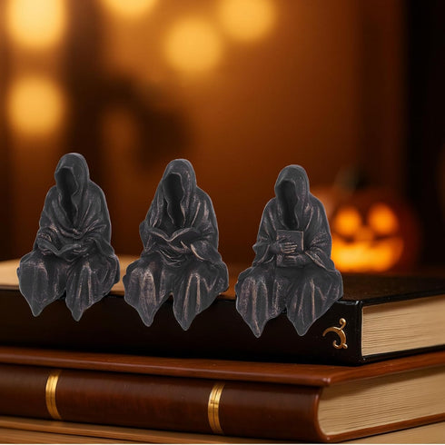 Set 3, Reading Statue Suriel Bookshelf Figure of Gothic Fantasy Black Robe Statue, Mystery Reading Figurines Sitting