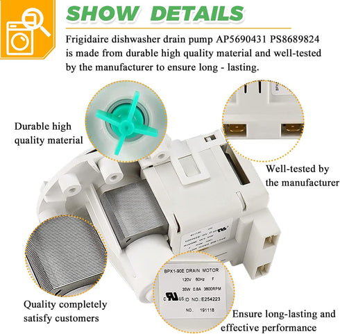 A00126401 AP5690431 bpx1-90e Dishwasher Drain Pump by Techecook - Fit for Frigidaire Dishwasher - Replacement Part bpx1-90e 154736201 PS8689824 AP5690431 5304492415