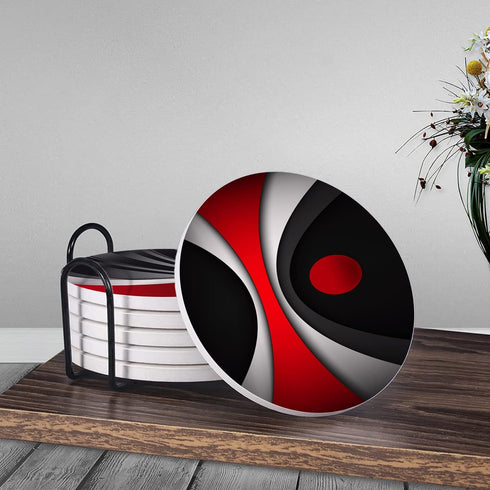 HUXJOKO Set 6,Modern Coasters for Drinks of Red Black Geometric Absorbent Ceramic Coaster,Round Stone Mat,with Cork