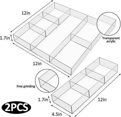 Clear Drawer Organizer, 2 Pieces with 6 Sections & Dividers, Acrylic Makeup Tray for Desk Storage