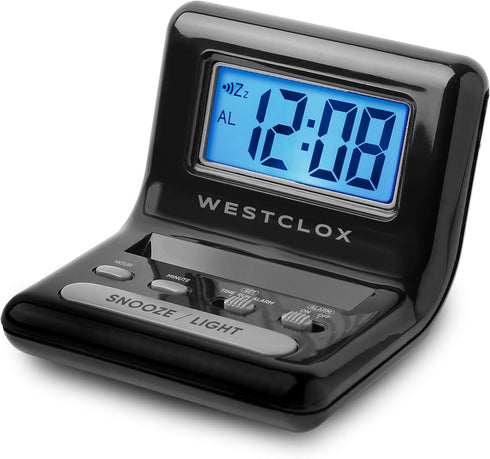 Westclox LCD Digital Bedside Alarm Clock, Black, 3-Inch, Battery Operated with Blue Backlit Display and Snooze Function