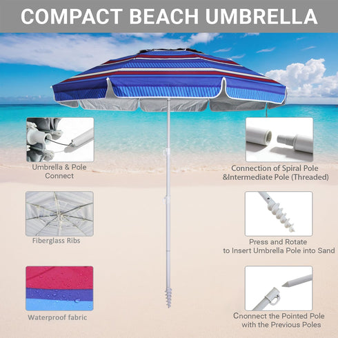 6.5ft 50+ LOTTAFUN Beach Umbrella - Heavy Duty Wind Resistant UV Portable Sun Shade with Sand Anchor & Carry Bag