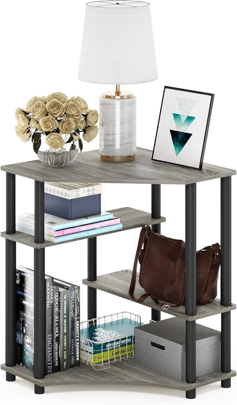 FURINNO Turn-N-Tube Space Saving Corner Desk, Grey/Black French Oak