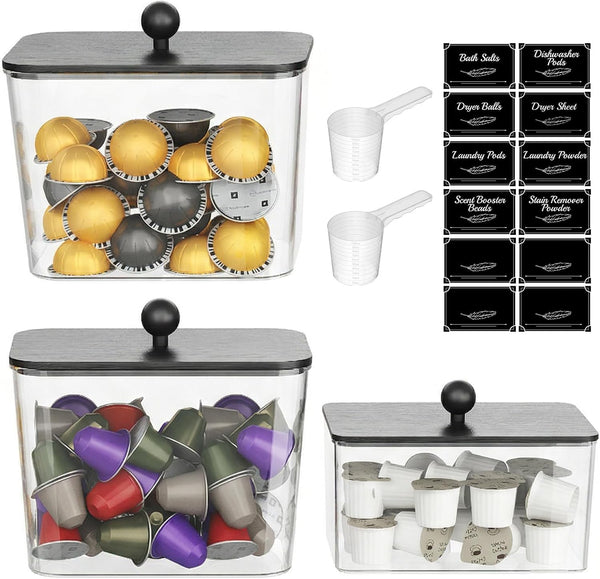 Lifewit 3 Pcs Laundry Pods Container with Bamboo Lid, Dryer Sheet Holder,