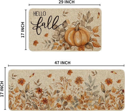 Artoid Mode Pumpkin Sunflowers Hello Fall Kitchen Mats Set of 2, Autumn Home Decor Low-Profile Rugs for Floor