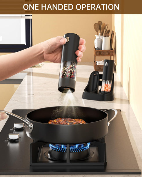 CIRCLE JOY Electric Salt and Pepper Grinder Set, Automatic with Charging Base, LED Light, Adjustable Coarseness, Black