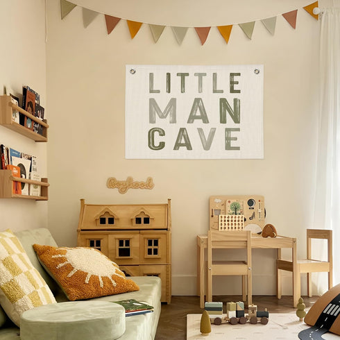 Little Man Cave Decor for Nursery, Sage Green Canvas Banner, Long Live Boyhood Wall Hanging Linen Banner Flag Decor
