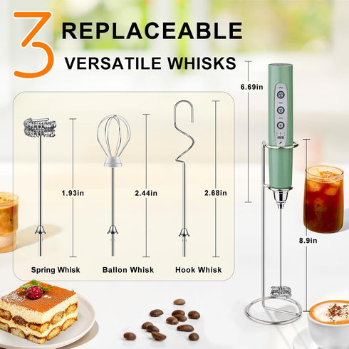 YUSWKO Granite Rechargeable Milk Frother for Coffee - Handheld Drink Mixer with 3 Heads and 3 Speeds for Latte and