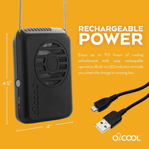 O2COOL Portable Neck Personal Travel USB Battery Powered Adjustable Lanyard Cooling Fan (Black)