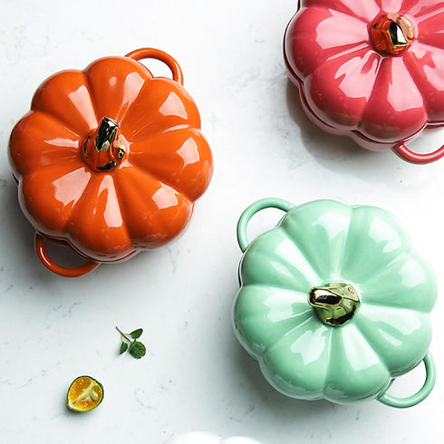 Dutch Oven Pot with Lid, Pumpkin Pottery Dessert Saucepan, Mini Baking Dish, Green