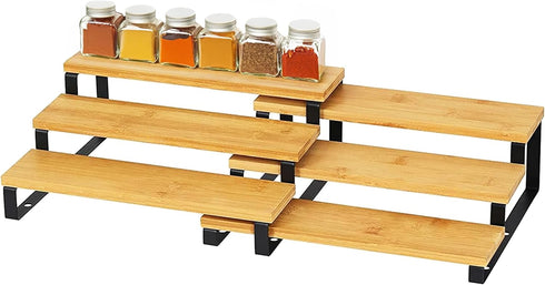 RoyalHouse Bamboo and Metal Expandable Spice Rack Organizer, 3-Tier Adjustable Kitchen Cabinet Countertop Display Shelf