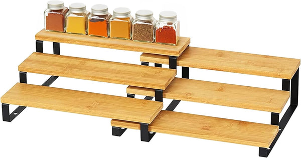 RoyalHouse Bamboo and Metal Expandable Spice Rack Organizer, 3-Tier Adjustable Kitchen Cabinet Countertop Display Shelf