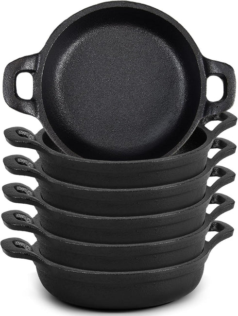 Mini Cast Iron Skillets Set: 5 x 5 x 1.3 Inch Black Ramekin Dish, Oven Safe Cookware for Indoor Outdoor (6 Pack)