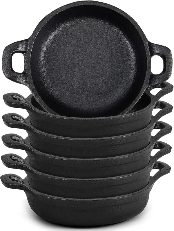 Mini Cast Iron Skillets Set: 5 x 5 x 1.3 Inch Black Ramekin Dish, Oven Safe Cookware for Indoor Outdoor (6 Pack)