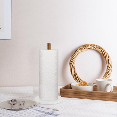 Buruis Wood Paper Towel Holder, Marble Base Decorative Countertop Stand for Kitchen and Bathroom