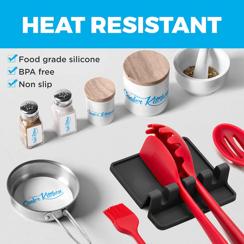 Black Silicone Spoon Rest with Drip Pad - Heat-Resistant Utensil Rest & Spoon Holder for Kitchen Counter
