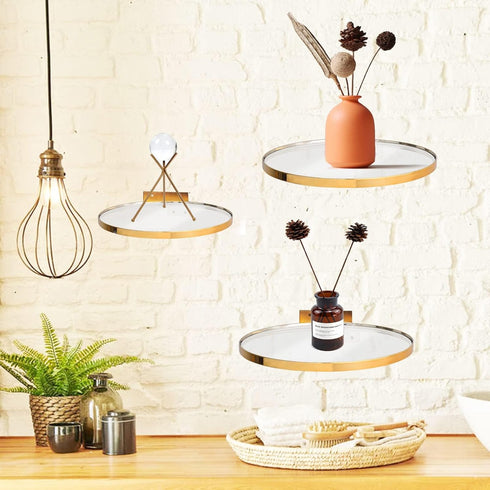 Cityelf Wall Mounted Floating Shelves, Set of 3 Gold Iron Glass Display Ledge Shelves for Home Decor - Gold-S