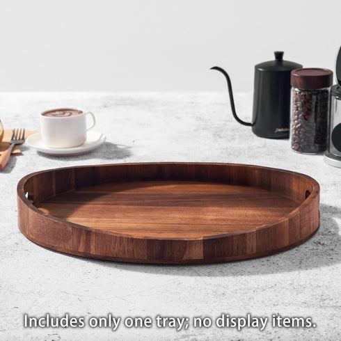 SARUFO Counter, Acacia Wood Round Ottoman Tray Decorative Serving Tray with Handles for Coffee Table, Breakfast in Bed