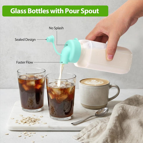 12 Pack 16 Oz CUCUMI Glass Milk Bottles with Lids, Glass Juice Bottles with Scale & Silicone Pour Spout, Reusable Juice