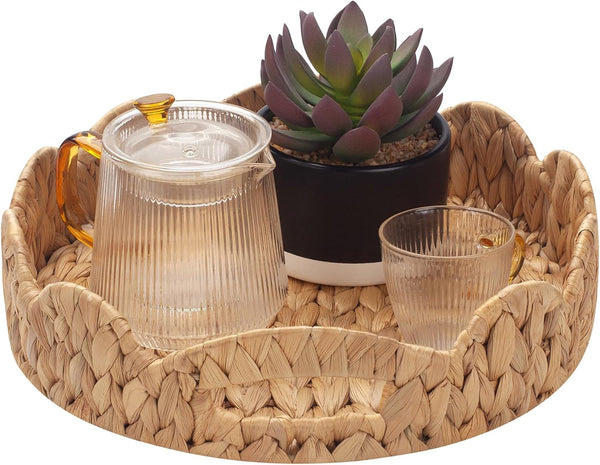 YANGQIHOME Round Serving Tray, 12 inch Decorative Water Hyacinth Scalloped Basket Tray