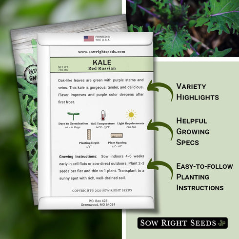 Packet (2) Sow Right Seeds - Red Russian Kale Seeds for Planting - Non-GMO Heirloom with Instructions to Plant a Home