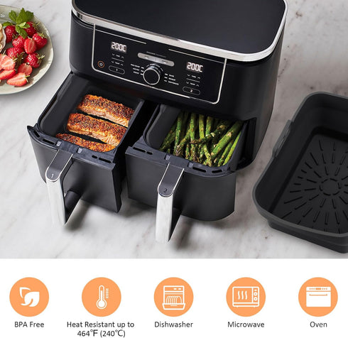 2Pcs Air Fryer Silicone Liners for Ninja SL401 /DZ401 /DZ550 8-10 QT, ddLUCK Air Fryer Accessories, Reusable Air fryer Pot Replacement Baking Tray Basket with Magnetic Cheat Sheet, Black